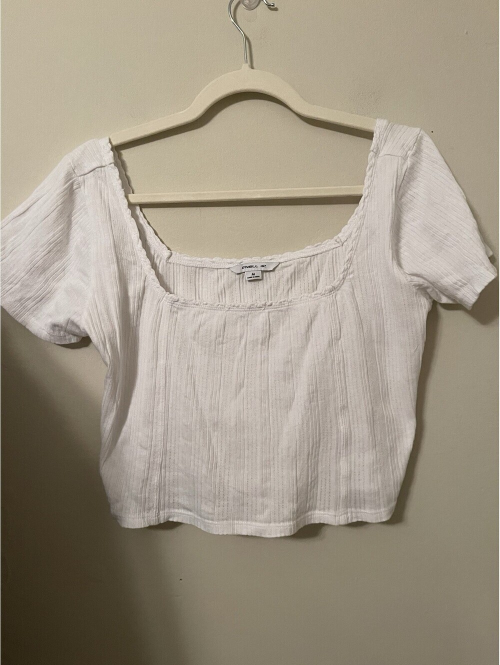 O'Neil White Channing Top Ribbed Square Neckline Medium M Shirt Cotton Cropped
